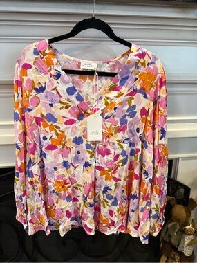 Wonder Floral V-Neck Long Sleeve Blouse - Pink, Orange & Purple